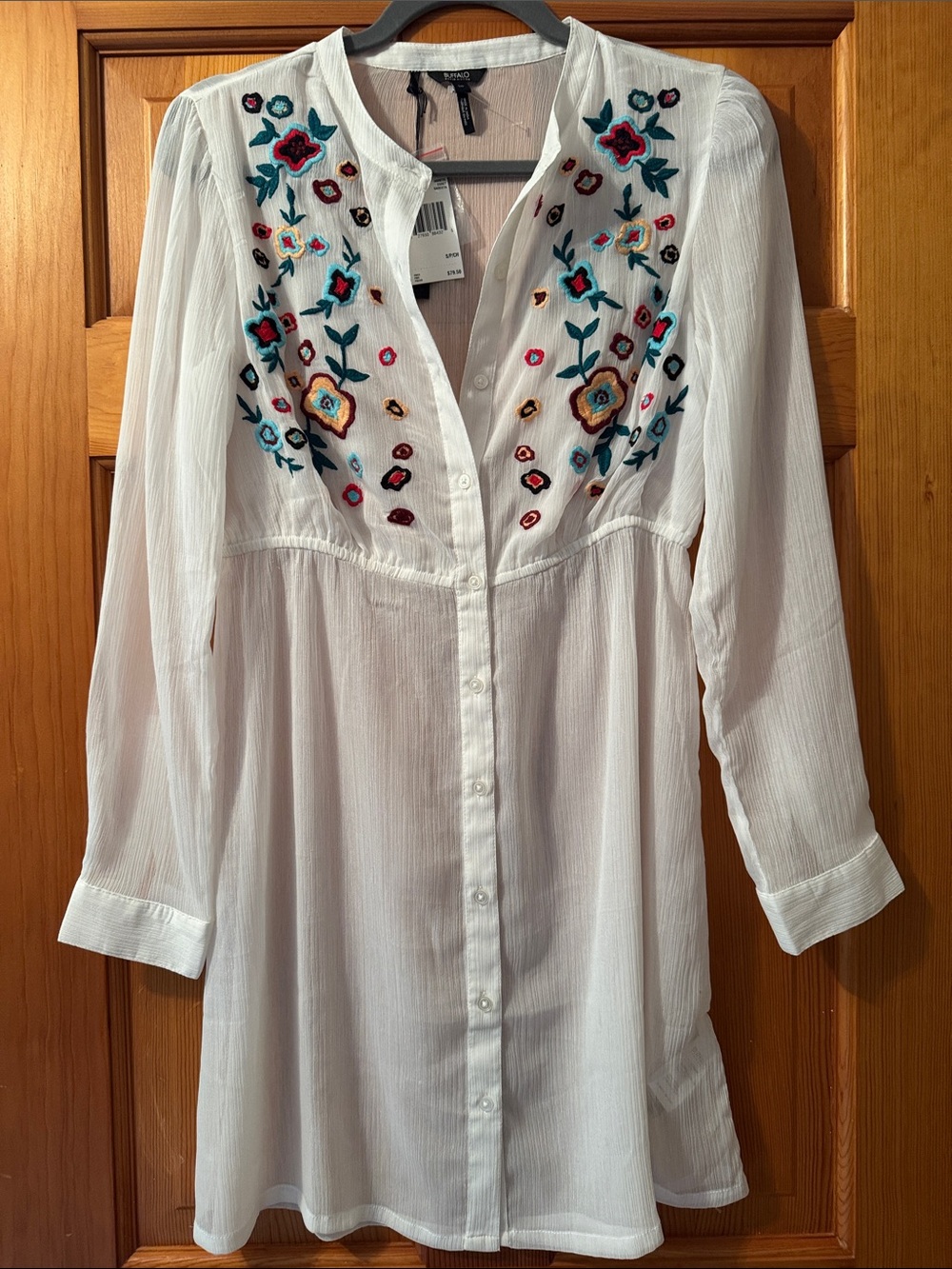 White Embroidered Button-Front Women's Long Dress Shirt